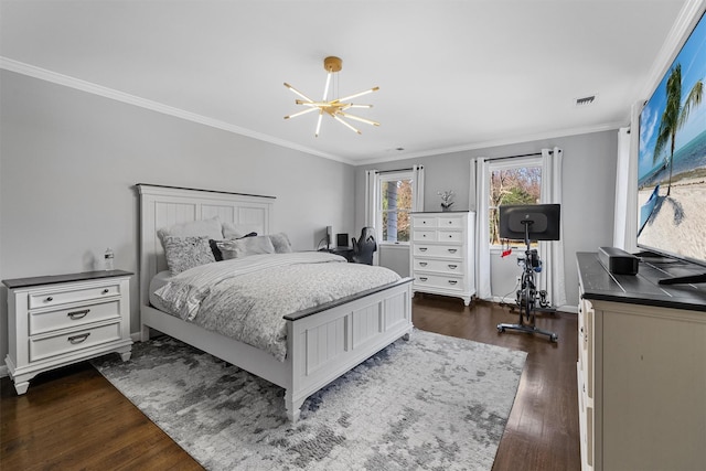 bedroom with a chandelier, dark wood-type flooring, and ornamental molding