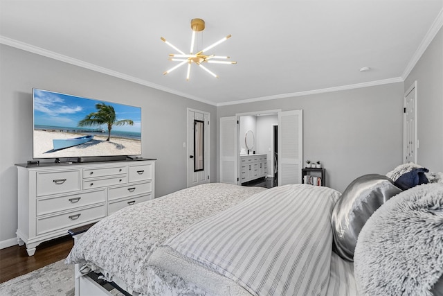 bedroom featuring a chandelier, dark wood-style flooring, ornamental molding, and baseboards