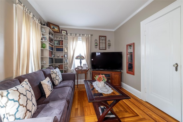 1875 Harte St, Baldwin, NY 11510 - living area featuring ornamental molding, baseboards, and wood finished floors