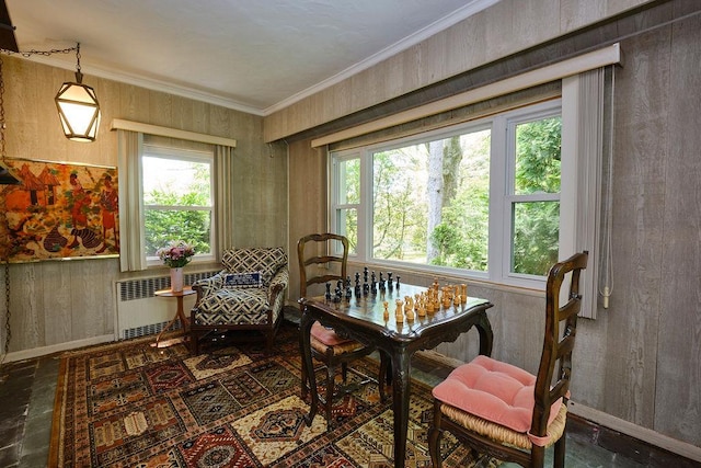 21 Hereford Rd, Great Neck, NY 11020 - dining space featuring baseboards, radiator, and ornamental molding