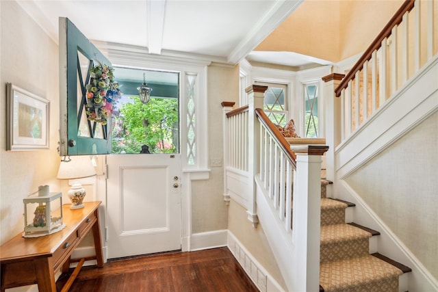 17 The Intervale, Roslyn Estates, NY 11576 - entryway featuring stairway, dark wood-type flooring, beamed ceiling, and baseboards