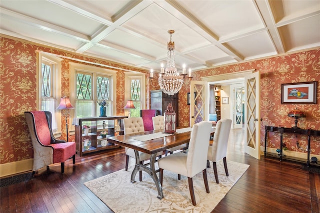 17 The Intervale, Roslyn Estates, NY 11576 - dining space with wallpapered walls, a chandelier, hardwood / wood-style floors, baseboards, and coffered ceiling
