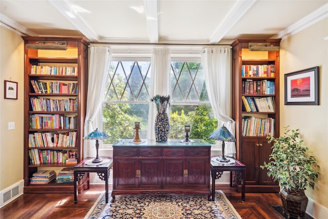 17 The Intervale, Roslyn Estates, NY 11576 - living area featuring baseboards, beamed ceiling, dark wood-type flooring, and crown molding