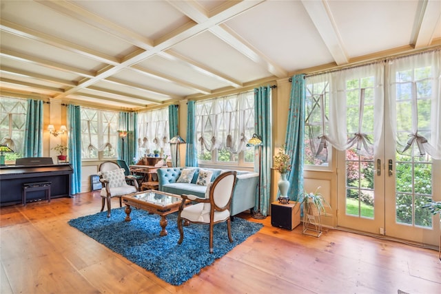 17 The Intervale, Roslyn Estates, NY 11576 - sunroom / solarium with french doors, a wooden deck, beam ceiling, and wood finished floors