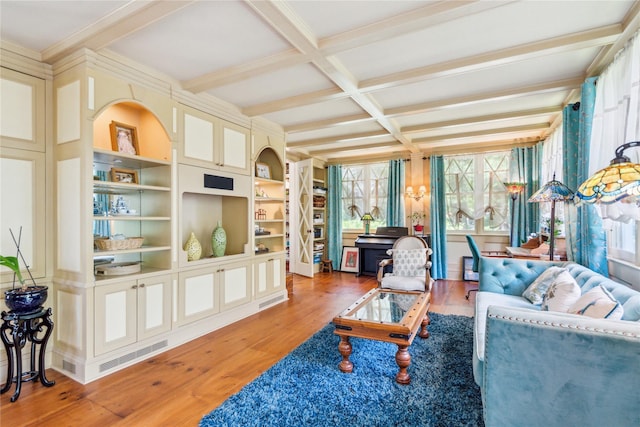17 The Intervale, Roslyn Estates, NY 11576 - living area featuring coffered ceiling, light wood finished floors, and beam ceiling