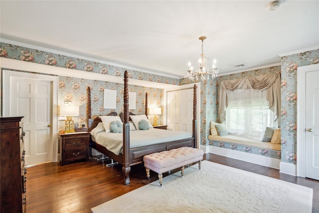 17 The Intervale, Roslyn Estates, NY 11576 - bedroom featuring wallpapered walls, wood finished floors, a chandelier, crown molding, and baseboards