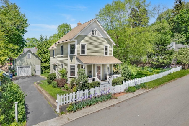 4 Oak St, Cold Spring, NY 10516 - view of front of house with covered porch, a detached garage, a chimney, an outbuilding, and a fenced front yard