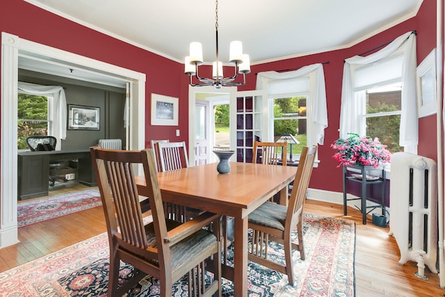 4 Oak St, Cold Spring, NY 10516 - dining space featuring radiator, a chandelier, light wood-type flooring, and crown molding