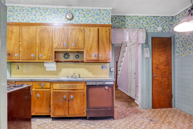 1804 New York Ave, Brooklyn, NY 11210 - kitchen featuring dishwasher, wallpapered walls, ornamental molding, light flooring, and light countertops