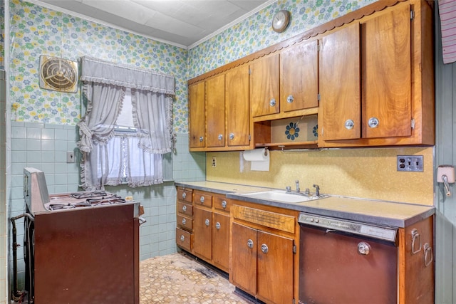 1804 New York Ave, Brooklyn, NY 11210 - kitchen with dishwashing machine, wallpapered walls, light countertops, tile walls, and brown cabinetry