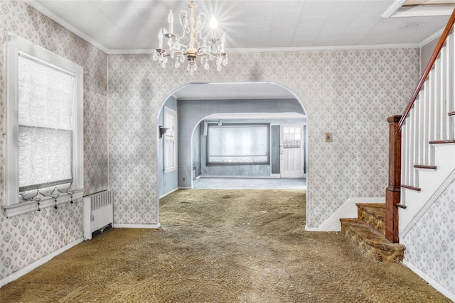 1804 New York Ave, Brooklyn, NY 11210 - unfurnished dining area with radiator heating unit, arched walkways, a chandelier, carpet, and crown molding
