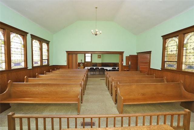 14 Hankins Rd, Hankins, NY 12741 - miscellaneous room featuring wainscoting, carpet, wood walls, a chandelier, and lofted ceiling
