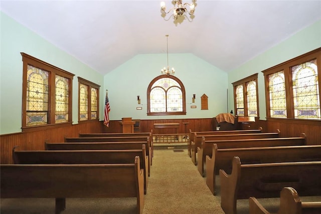14 Hankins Rd, Hankins, NY 12741 - miscellaneous room featuring a chandelier, wainscoting, wooden walls, lofted ceiling, and carpet