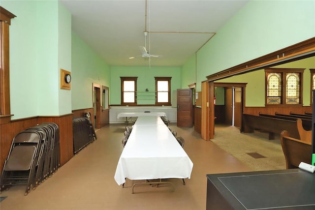 14 Hankins Rd, Hankins, NY 12741 - recreation room with a wainscoted wall, wood walls, and a ceiling fan