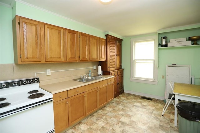 14 Hankins Rd, Hankins, NY 12741 - kitchen with electric range, a sink, light countertops, and brown cabinetry