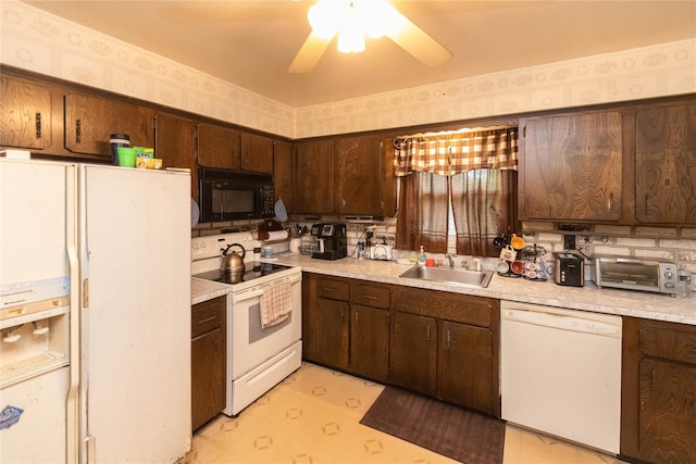 3042 Gomer St, Yorktown Heights, NY 10598 - kitchen with white appliances, a sink, light countertops, ceiling fan, and dark brown cabinets