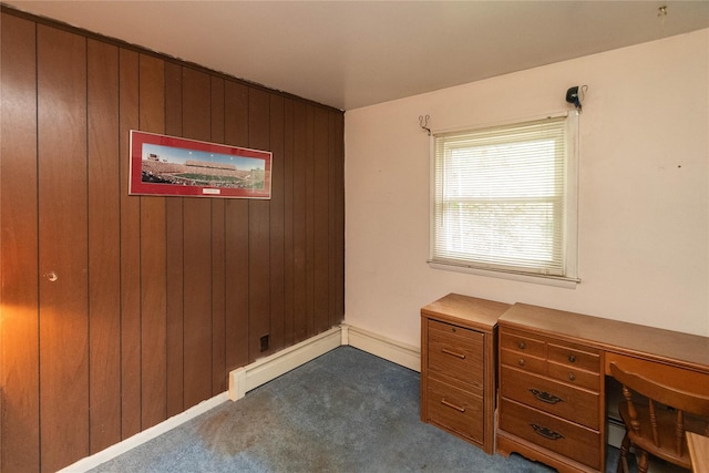 3042 Gomer St, Yorktown Heights, NY 10598 - office space featuring dark carpet, wood walls, baseboards, and a baseboard radiator