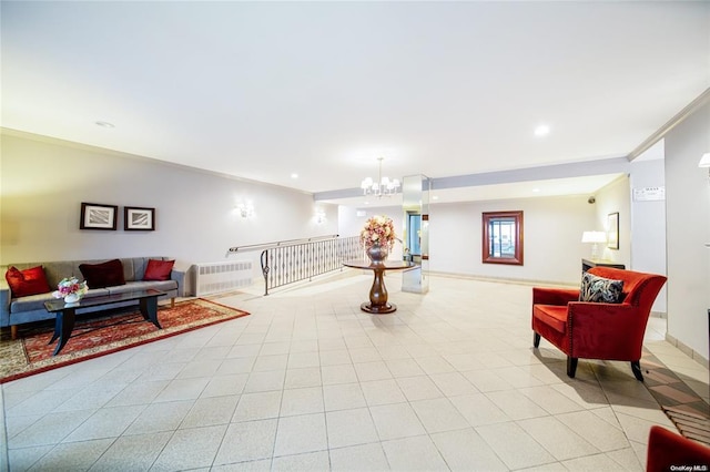 community lobby with ornamental molding and recessed lighting