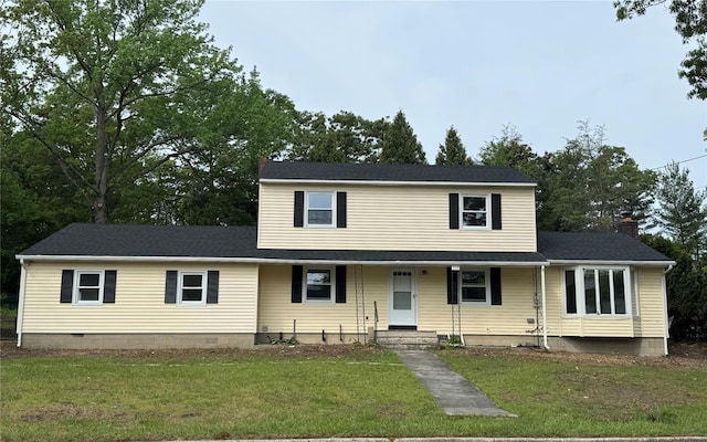 332 Browns Rd, Nesconset, NY 11767 - view of front of property with covered porch, a front yard, and a chimney