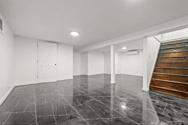 166-03 69th Ave, Fresh Meadows, NY 11366 - finished below grade area featuring marble finish flooring, stairway, baseboards, and a wall mounted air conditioner