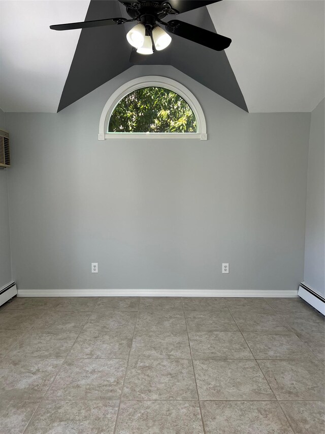 unfurnished room featuring ceiling fan, lofted ceiling, and baseboards