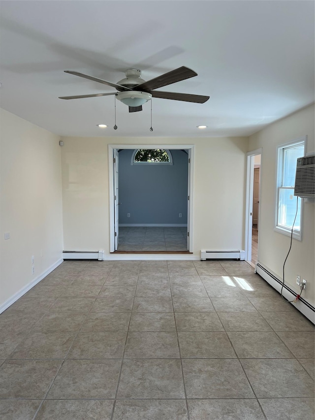 unfurnished room featuring a ceiling fan, tile patterned flooring, a baseboard radiator, recessed lighting, and baseboards