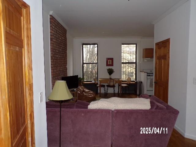 173 Quincy St, Brooklyn, NY 11216 - living room with wood finished floors, crown molding, and baseboards