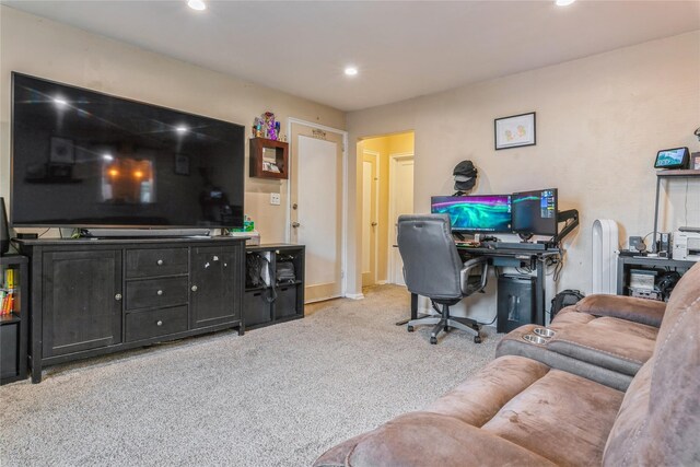 carpeted home office with recessed lighting and baseboards