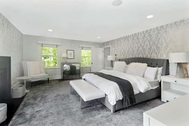 394 Mill Rd, Westhampton, NY 11977 - bedroom featuring wallpapered walls, carpet, and recessed lighting
