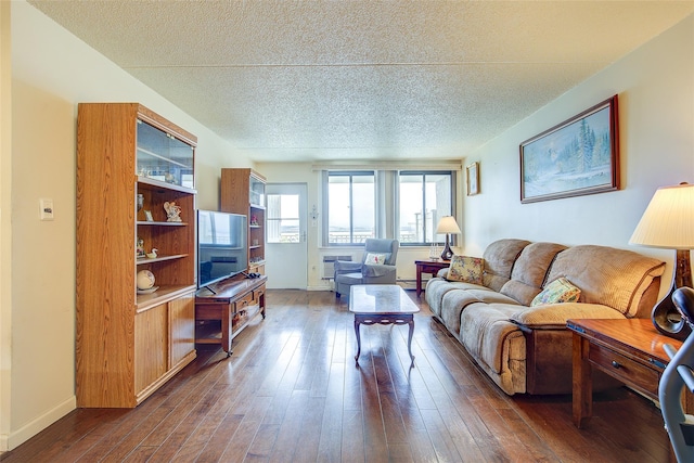 living room featuring dark wood-style floors, a textured ceiling, and a baseboard heating unit