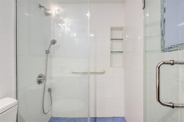 bathroom with a stall shower and toilet