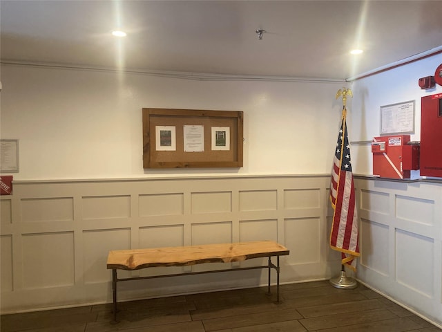 8410 101st St Unit 3U, Richmond Hill, NY 11418 - misc room with a decorative wall, dark wood-type flooring, a wainscoted wall, and crown molding
