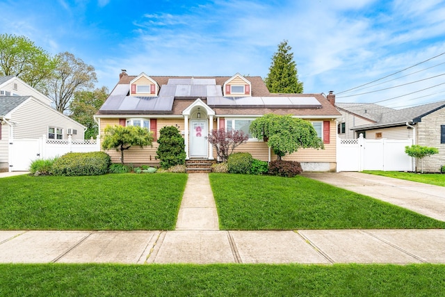 view of front of property featuring a gate, roof mounted solar panels, and a chimney