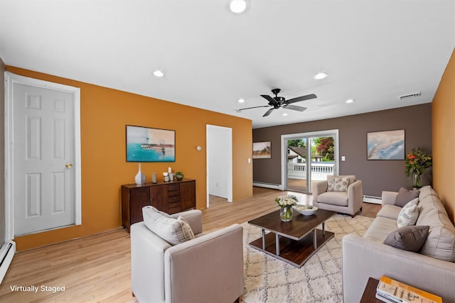 16 S Lawrence Ave, Elmsford, NY 10523 - living room featuring a baseboard radiator, light wood-style floors, recessed lighting, and ceiling fan