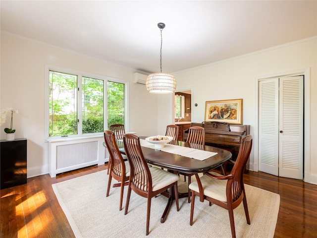 37 Longview Rd, Port Washington, NY 11050 - dining space with radiator heating unit, a wall mounted AC, wood finished floors, ornamental molding, and baseboards