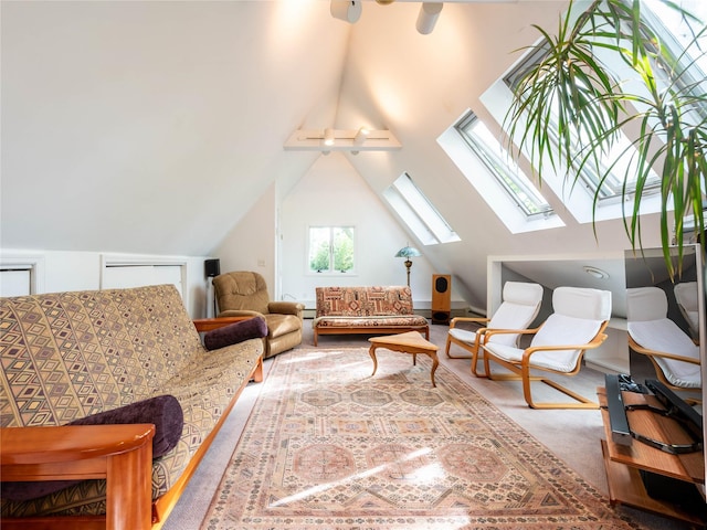 37 Longview Rd, Port Washington, NY 11050 - living area with a ceiling fan, a skylight, lofted ceiling, and carpet flooring