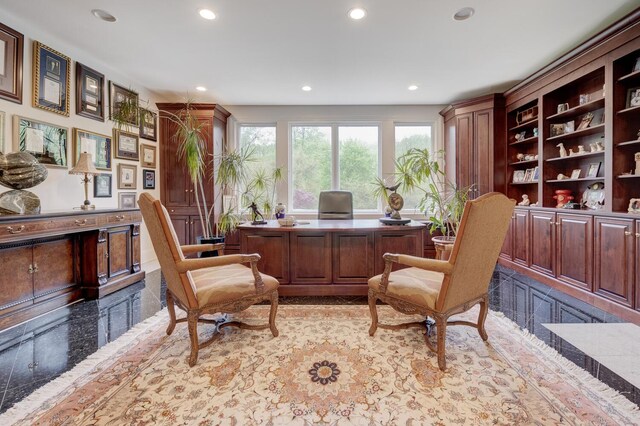 home office featuring granite tiled floors and recessed lighting