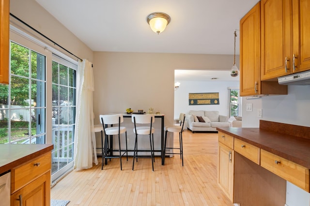 85 Mowbray St, Patchogue, NY 11772 - kitchen with dark countertops, healthy amount of natural light, light wood finished floors, and under cabinet range hood