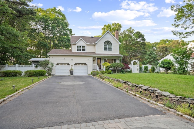 85 Mowbray St, Patchogue, NY 11772 - traditional home featuring asphalt driveway, a chimney, covered porch, and roof with shingles
