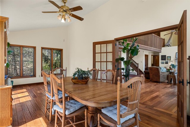 216 Cortese Rd, Call Listing Agent, PA 18405 - dining room with a ceiling fan, hardwood / wood-style floors, high vaulted ceiling, french doors, and baseboards
