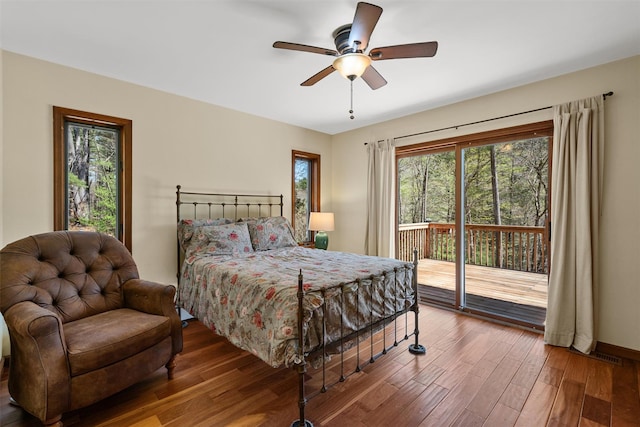 216 Cortese Rd, Call Listing Agent, PA 18405 - bedroom with access to outside, wood finished floors, ceiling fan, and baseboards