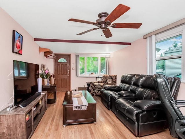 living room with light wood-type flooring and ceiling fan