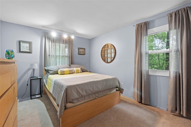 bedroom with multiple windows and light colored carpet