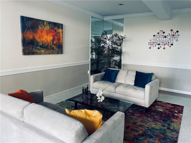 living room featuring crown molding and baseboards