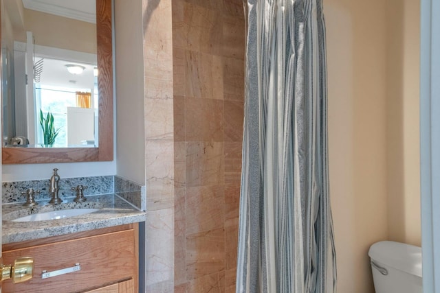 full bathroom featuring toilet, vanity, and a tile shower
