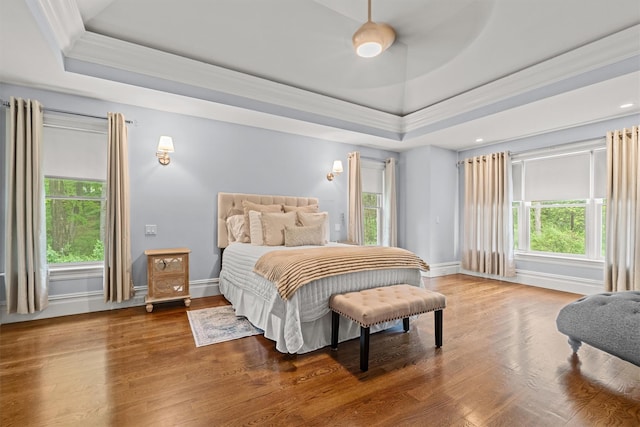 bedroom featuring a raised ceiling, multiple windows, crown molding, and baseboards