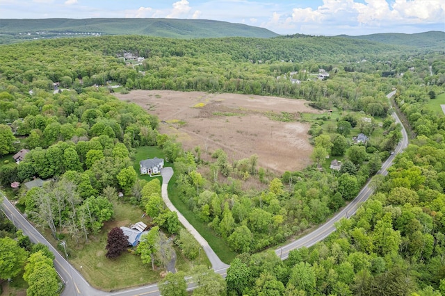 aerial view of property and surrounding area featuring a forest and mountains