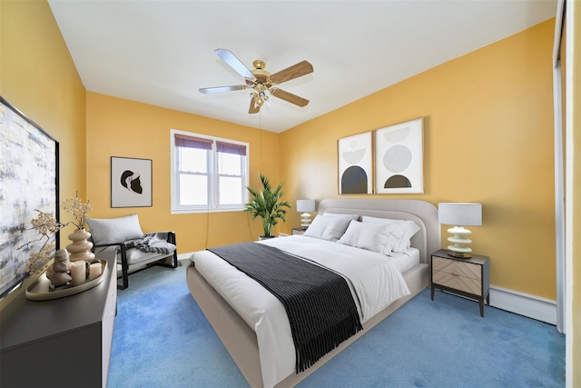 6629 74th St, Middle Village, NY 11379 - bedroom with carpet, baseboard heating, baseboards, and a ceiling fan