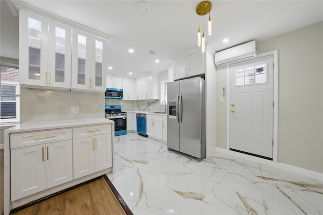 234 Quincy Ave, Bronx, NY 10465 - kitchen featuring stainless steel appliances, an AC wall unit, decorative backsplash, white cabinetry, and glass insert cabinets
