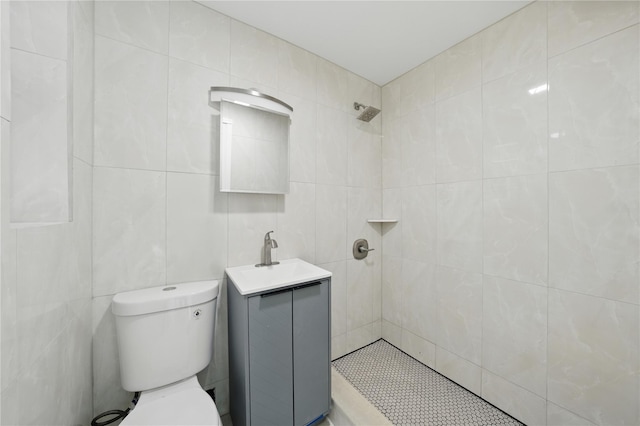 234 Quincy Ave, Bronx, NY 10465 - full bath with a tile shower, vanity, tile walls, and toilet